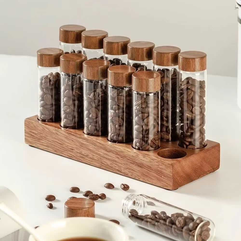 Glass Single Dose Coffee Bean Storage Tubes & Wood Display Rack Coffee Bean Storage Set Qst