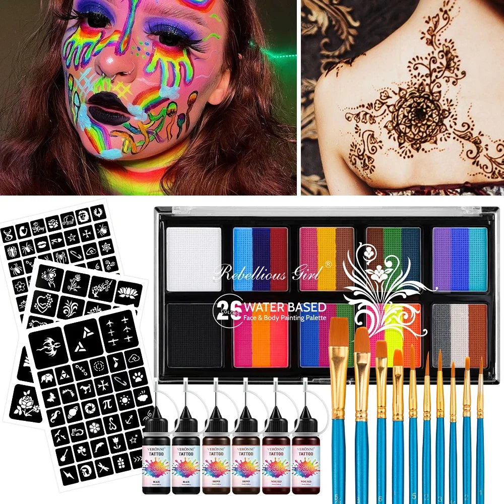 26-Color Face & Body Paint Kit – Brushes, Stencils & Ink Face & Body Paint Kit Qme
