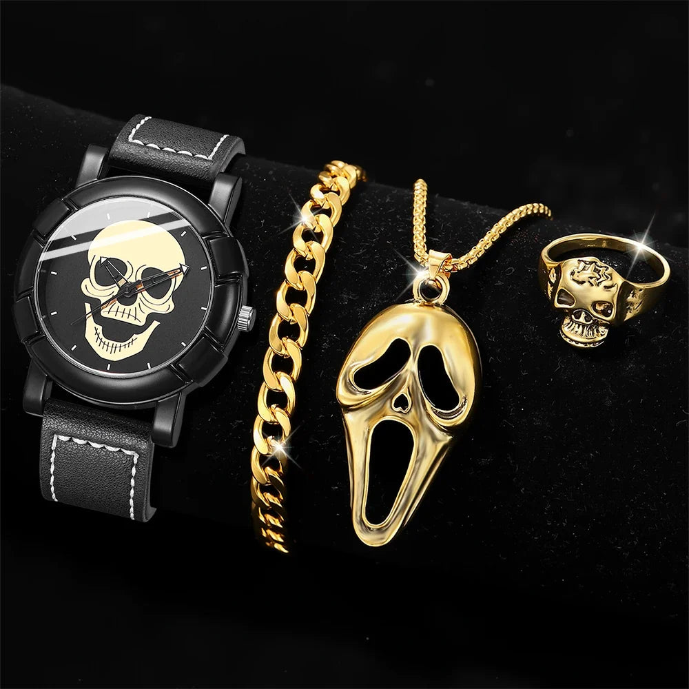 Men's Halloween Quartz Watch & Jewelry Set – Round Dial Quartz Watch Set Qme black