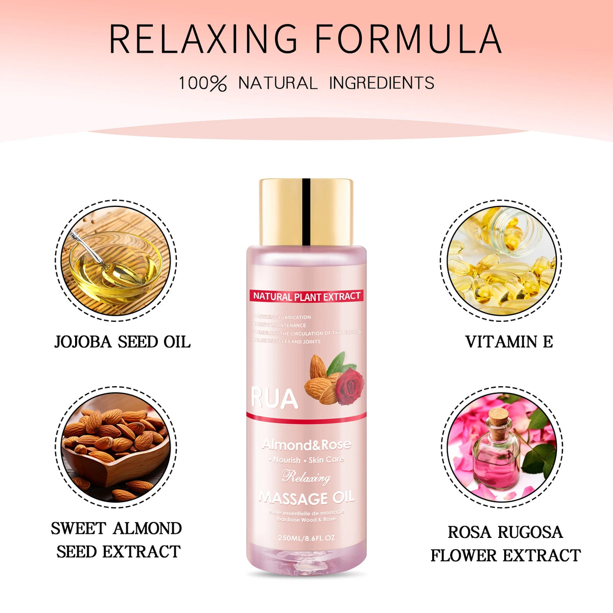 Almond & Rose Massage Oil – Moisturizing Body Oil 8.6 oz Massage Body Oil Qst