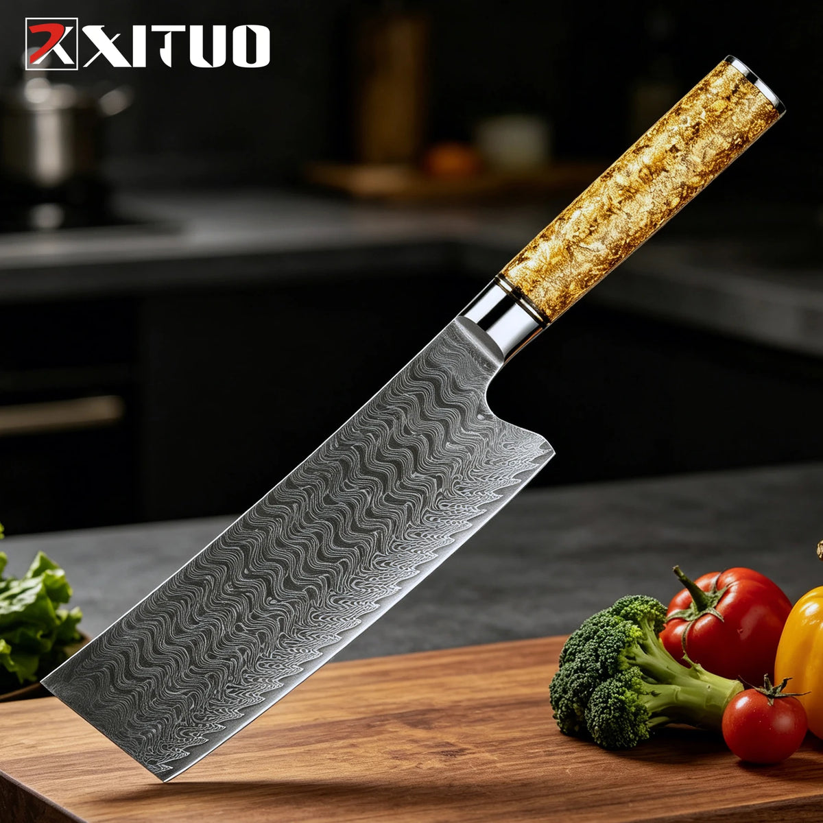 XITUO Damascus Steel Kitchen Knife Set – 4 Piece Professional Kitchen Knife Set Qst Nakiri Knife