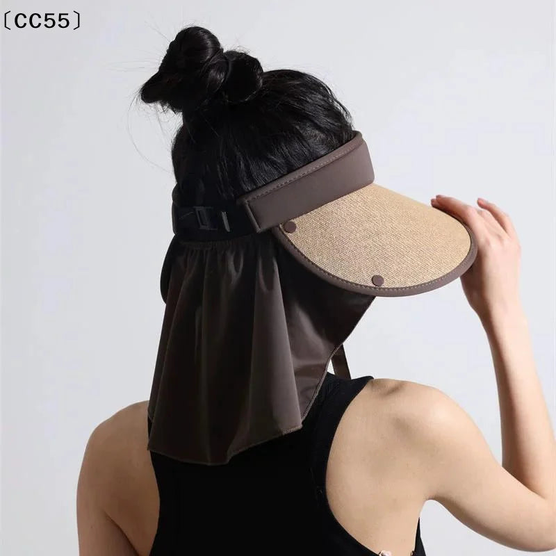 Women's Wide Brim Straw Sun Hat with Removable Shawl Wide Brim Sun Hat Qst