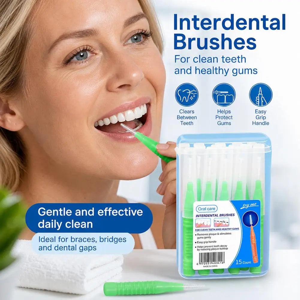 15-Pack Interdental Brushes with Box – Orthodontic Braces Interdental Brush Set Qme