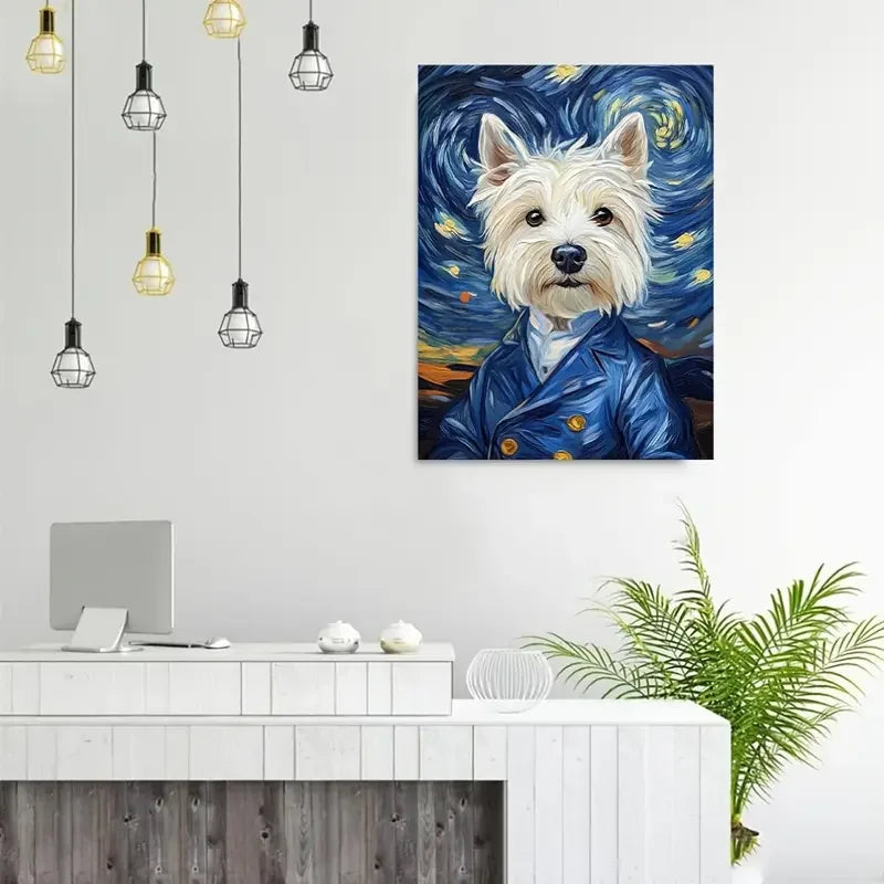 Van Gogh Westie Dog Canvas Art – Starry Night Style 11.8x15.7 In Canvas Wall Art Qst