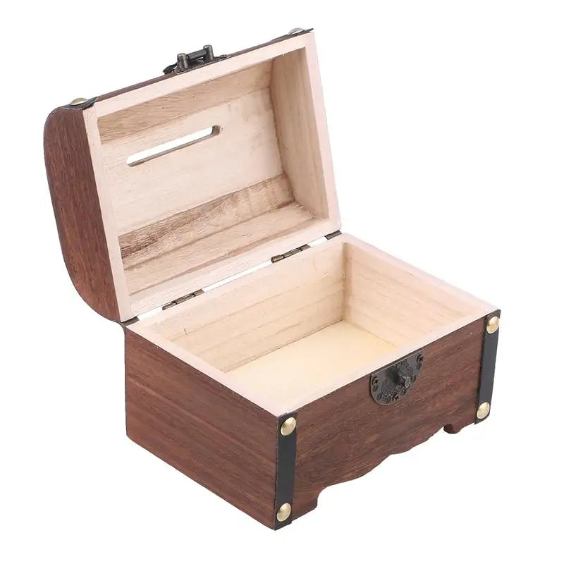 Vintage Wooden Treasure Chest Piggy Bank with Lock Decorative Piggy Bank Qme