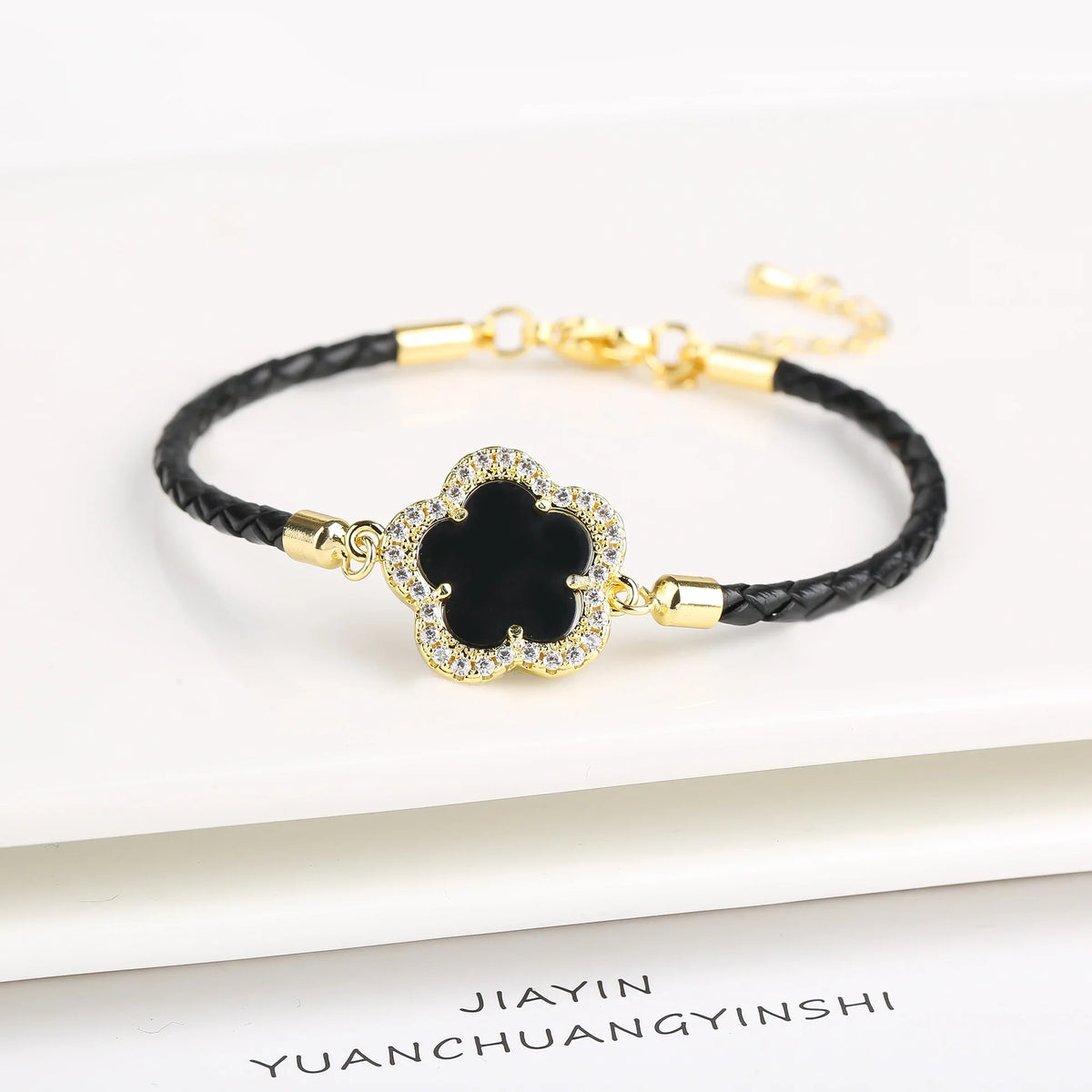Zirconia Flower Leather Braided Bracelet for Women | 39 Colors Fashion Bracelet Qme Black