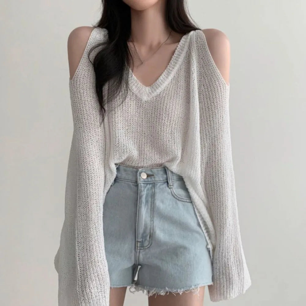 Hollow Out Crochet Knit Pullover – V-Neck Long Sleeve Top Crochet Knit Pullover Qme White One Size