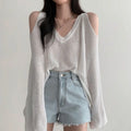Hollow Out Crochet Knit Pullover – V-Neck Long Sleeve Top Crochet Knit Pullover Qme White One Size