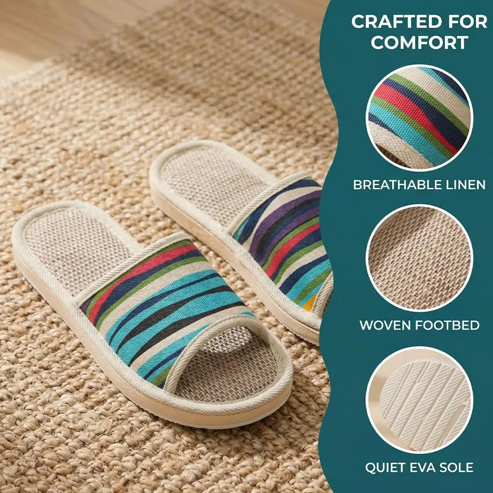 Multicolor Linen Indoor Slippers – Non-Slip Striped Slides Indoor Slippers Qme