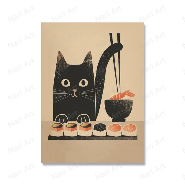 Retro Japanese Sushi Cat Canvas Wall Art – Kitchen & Bar Decor Canvas Wall Art Qst P2 40x60cm Unframed