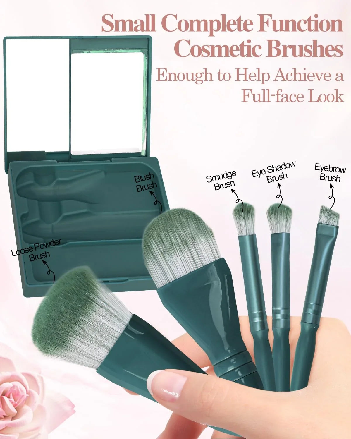Mini Travel Makeup Brush Set with Mirror Shell | 5 Brushes Travel Makeup Brush Set Qme green