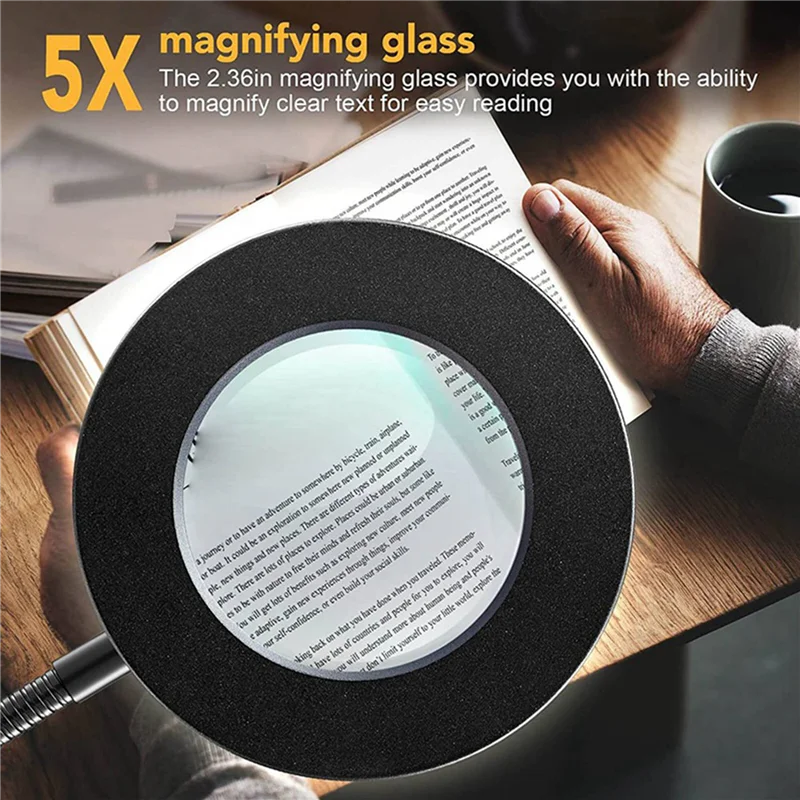 LED Clip-On Desk Lamp with 5X Magnifying Glass, 360° Flex Arm Magnifying Desk Lamp Qme
