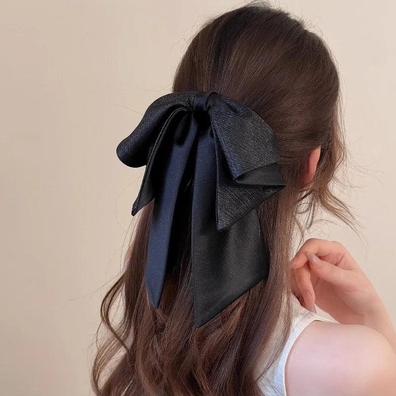 Glossy Pleated Bow Half-Up Hair Clip | Ribbon Barrette Bow Hair Clip Qme