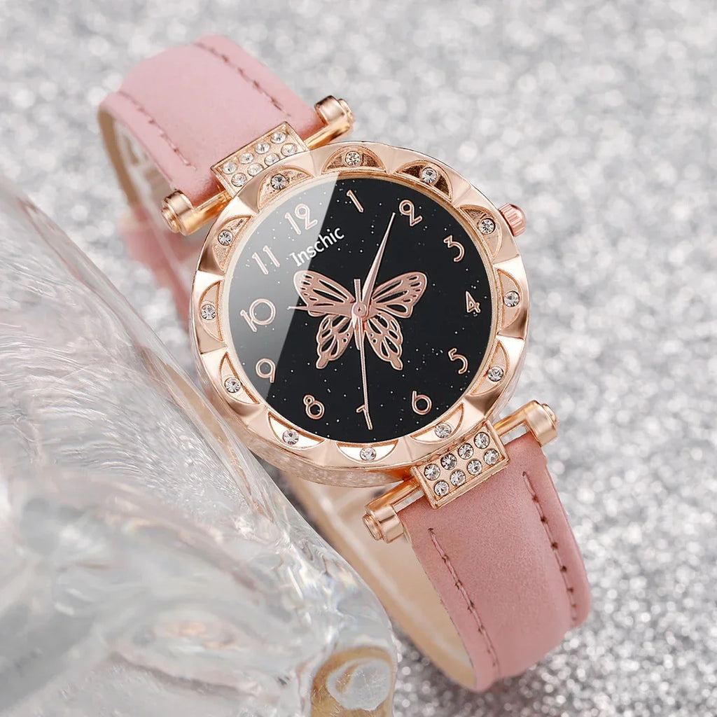Women's Rhinestone Butterfly Dial Leather Bracelet Quartz Watch Women's Fashion Watch Qme