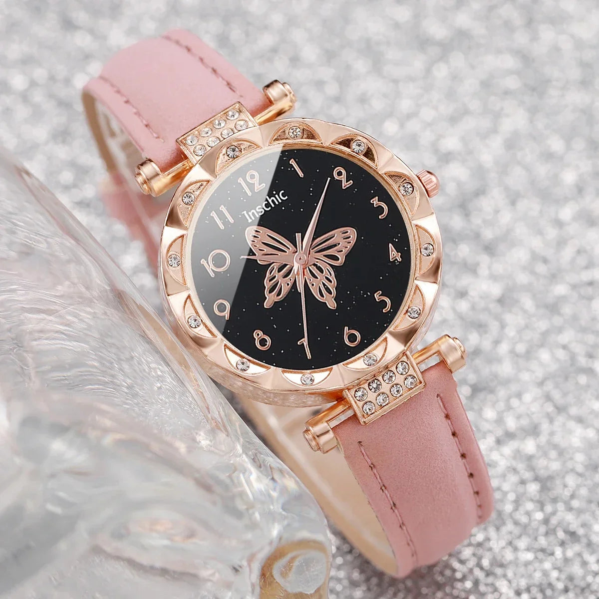 Women's Rhinestone Butterfly Dial Leather Bracelet Quartz Watch Women's Fashion Watch Qme