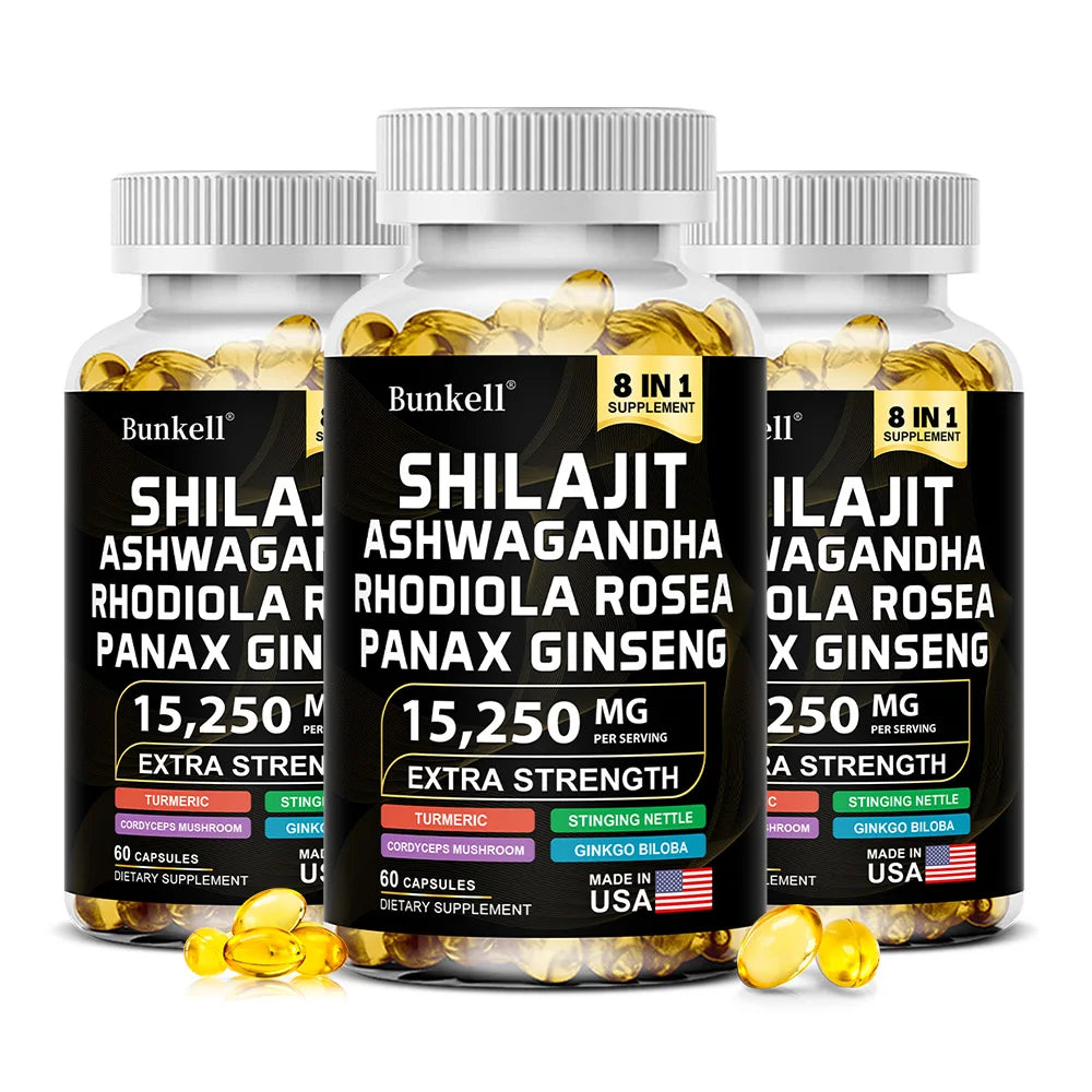 Shilajit 8-in-1 Capsules 15250mg – Ashwagandha Ginseng Turmeric Herbal Supplement Capsules Qst 60 count-3 bottle