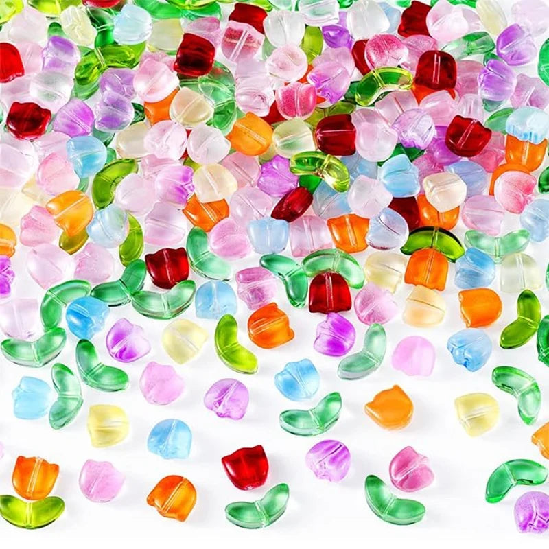 Glass Tulip Flower Beads – Handcrafted Crystal Loose Beads Craft Loose Beads Qme Random color 10 sets