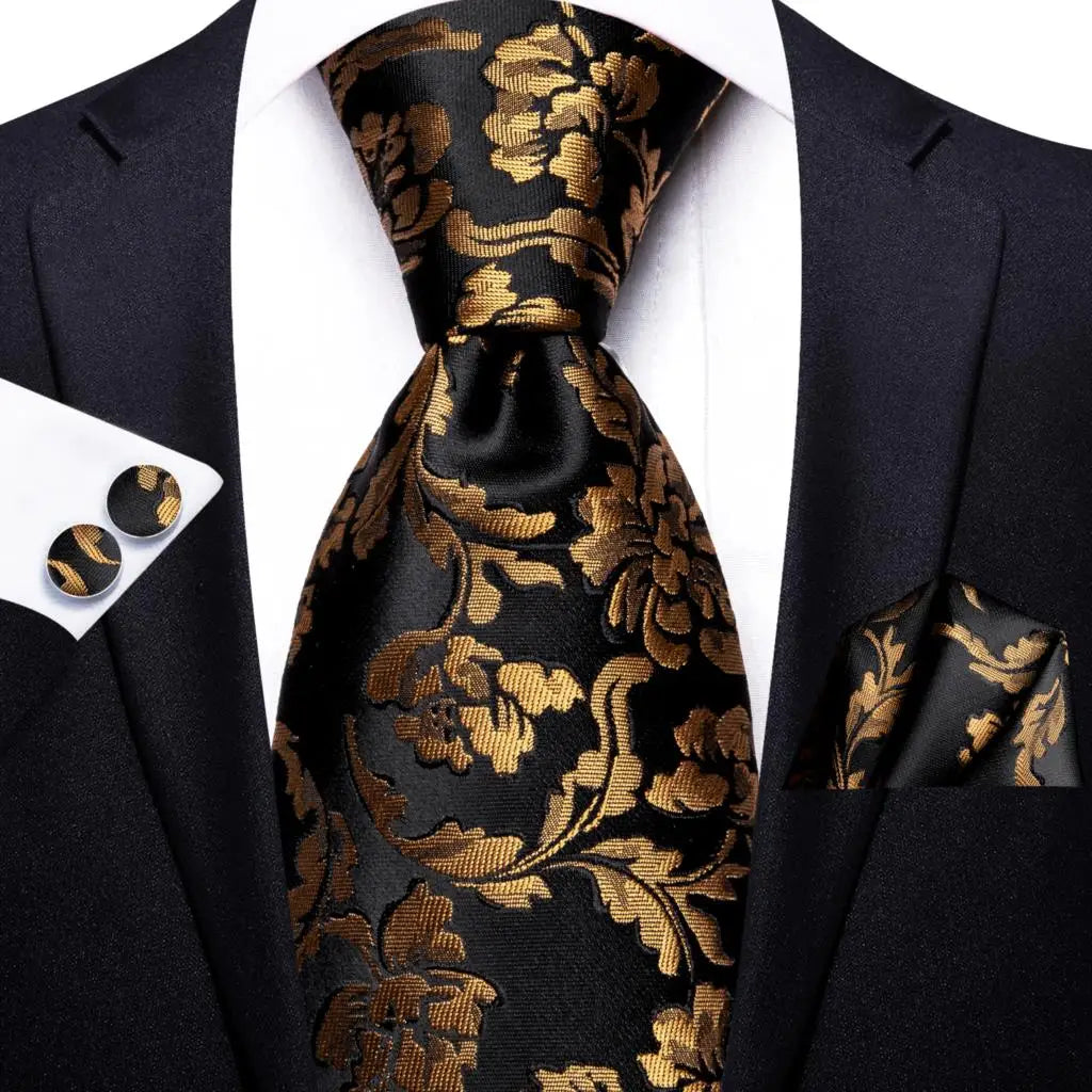 Hi-Tie 100% Silk Black Gold Jacquard Wedding Necktie Set