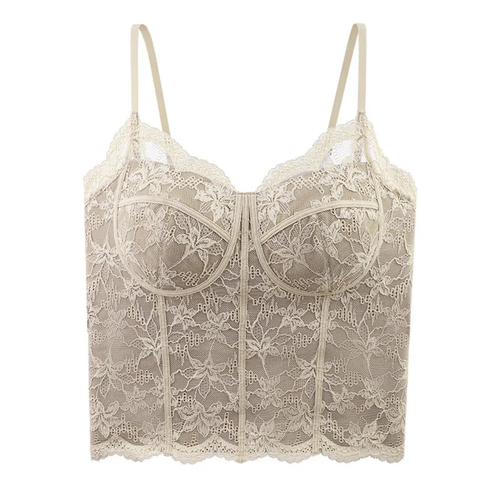 Women's Mesh Floral Lace Crop Vest Top | Slim Fit Summer Cami Lace Crop Camisole Qme Nude M