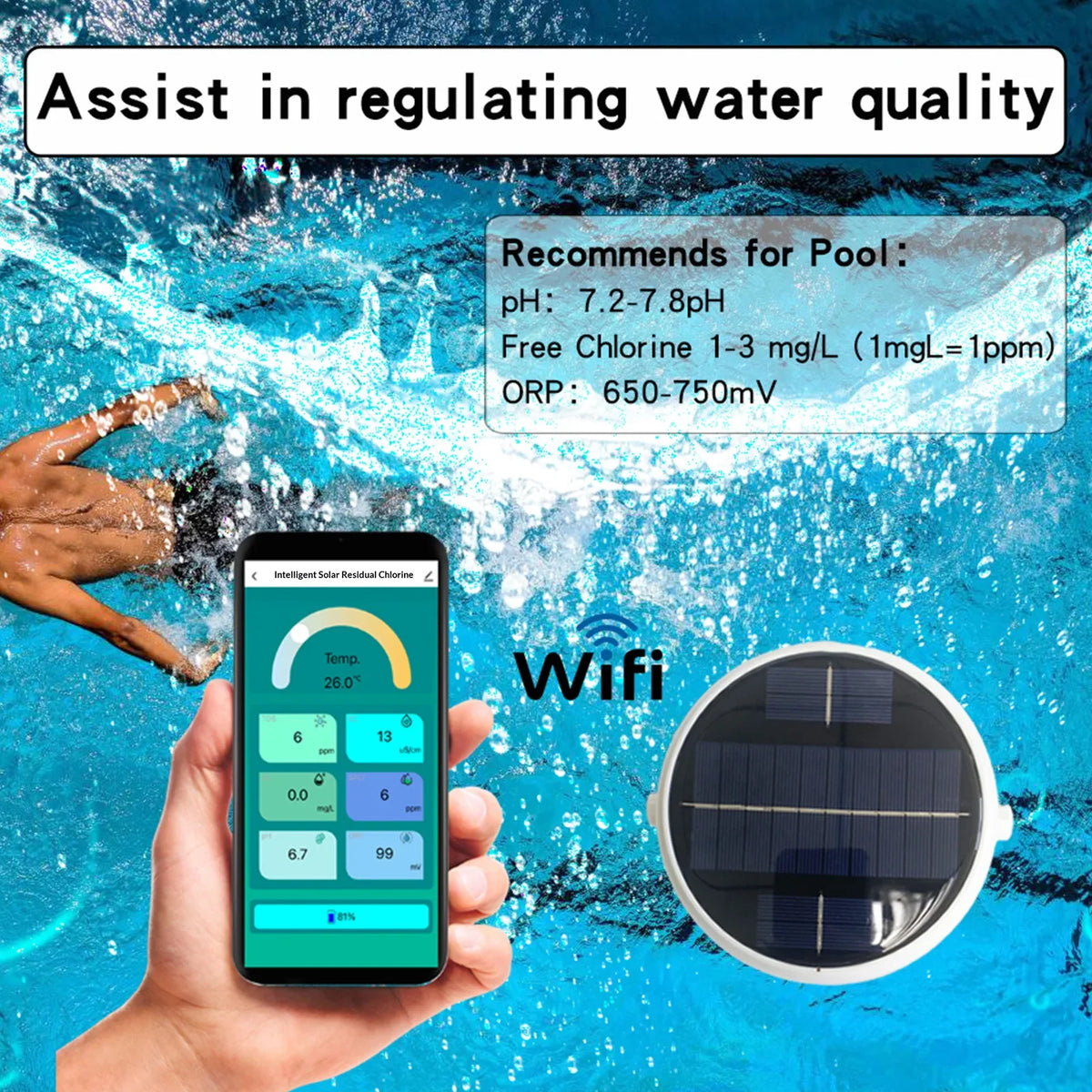 7-in-1 Wireless Floating Pool Water Tester – pH EC ORP TDS Pool Water Tester Qme