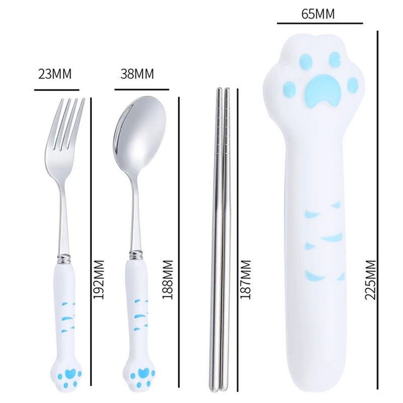 Cute Cat Paw Stainless Steel Cutlery Set with Storage Box Cutlery Set Qst 230mm blue
