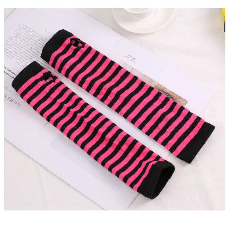 Women's Striped Knitted Elbow Gloves – Long Arm Warmers Knitted Arm Warmers Qme SB013 Length -32cm