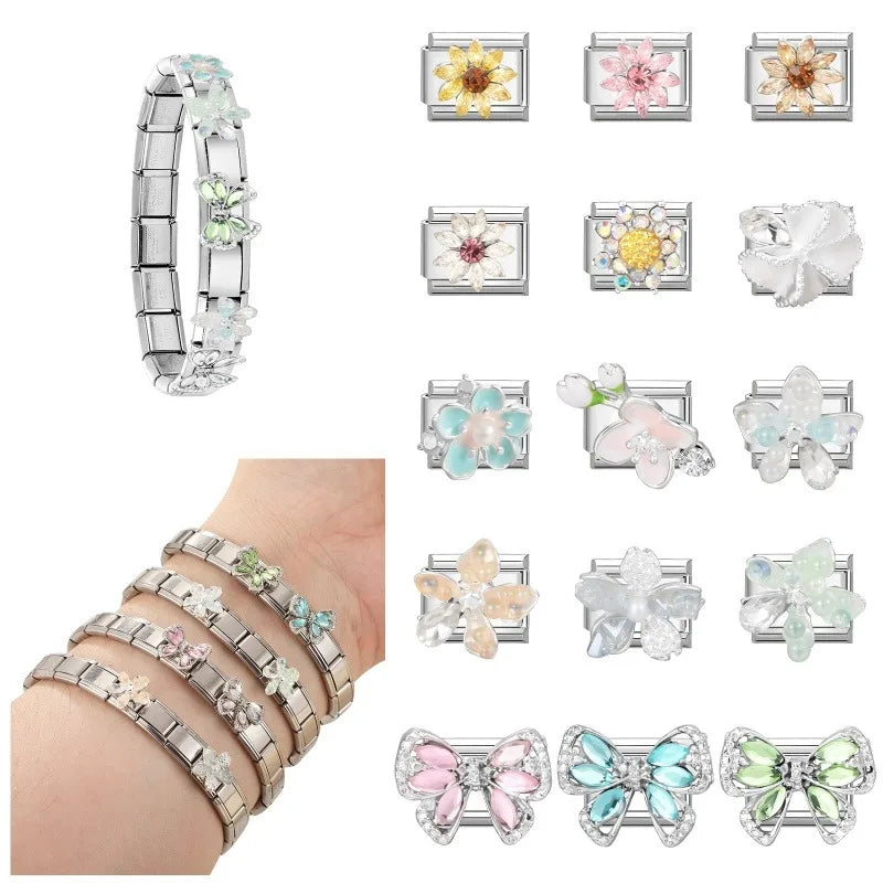 Zircon Bowknot Flower Italian Charm Links | Stainless Steel DIY Italian Charm Links Qme