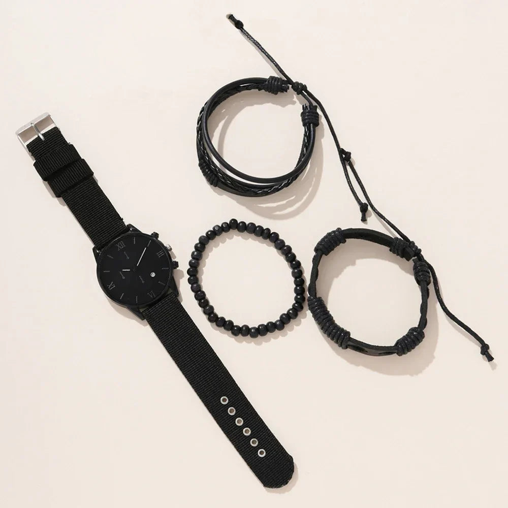 Men's Luxury Leather Quartz Watch & Bracelet Set | Gift Box Quartz Watch Set Qme