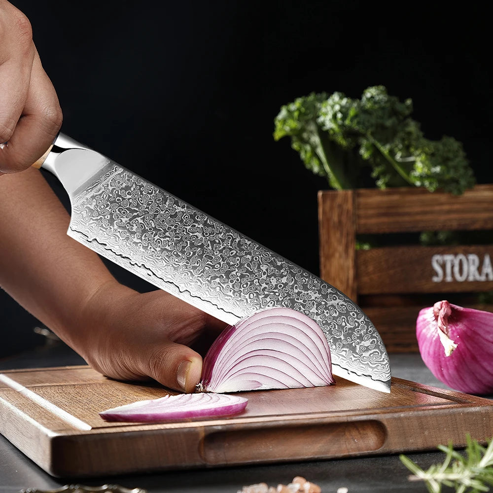 Xituo 7" Damascus Santoku Knife – VG10 67-Layer Steel Damascus Santoku Knife Qst