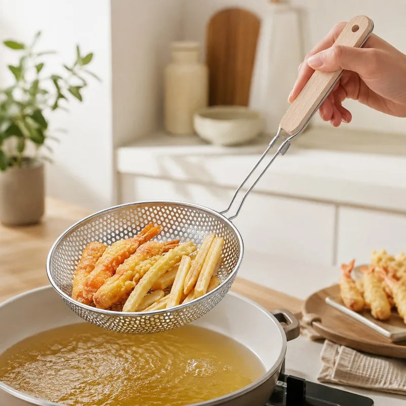 Stainless Steel Fine Mesh Skimmer Spoon with Wooden Handle Mesh Skimmer Spoon Qme