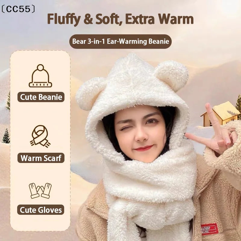 Cute Bear Ear Beanie Hat – Women's Plush Warm Winter Cap Winter Beanie Hat Qst