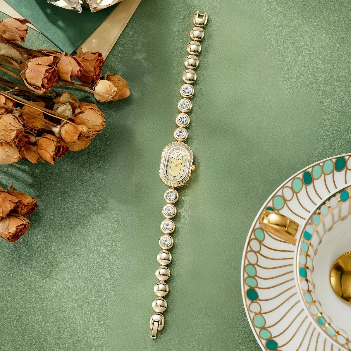 Women's Crystal Quartz Watch – Oval Gold Dial & Diamond Bezel Women's Fashion Watch Qme