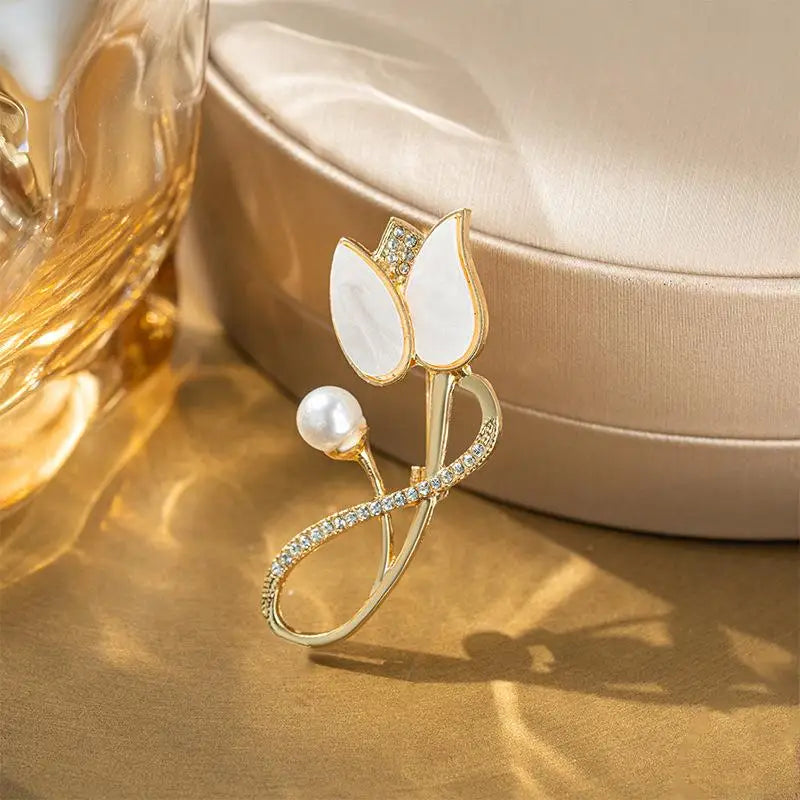 Rose Crystal Pearl Brooch | Elegant Floral Lapel Pin Floral Lapel Brooch Qme