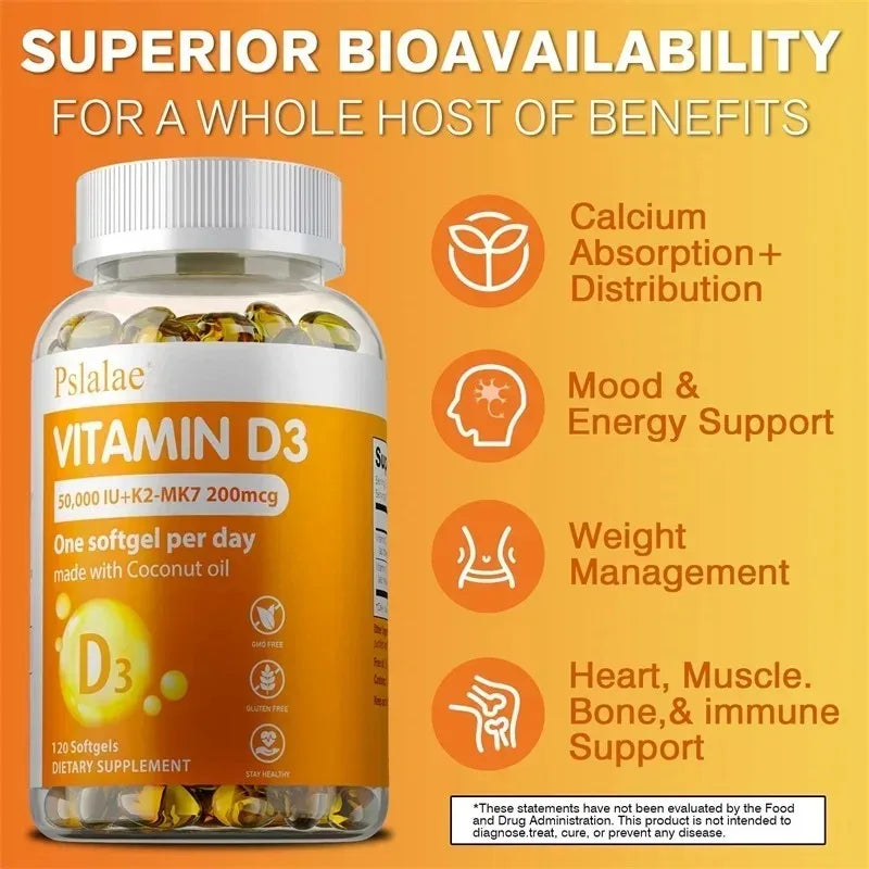 Pslalae Vitamin D3+K2 Softgels – Bone & Heart Support Vitamin Supplement Qst