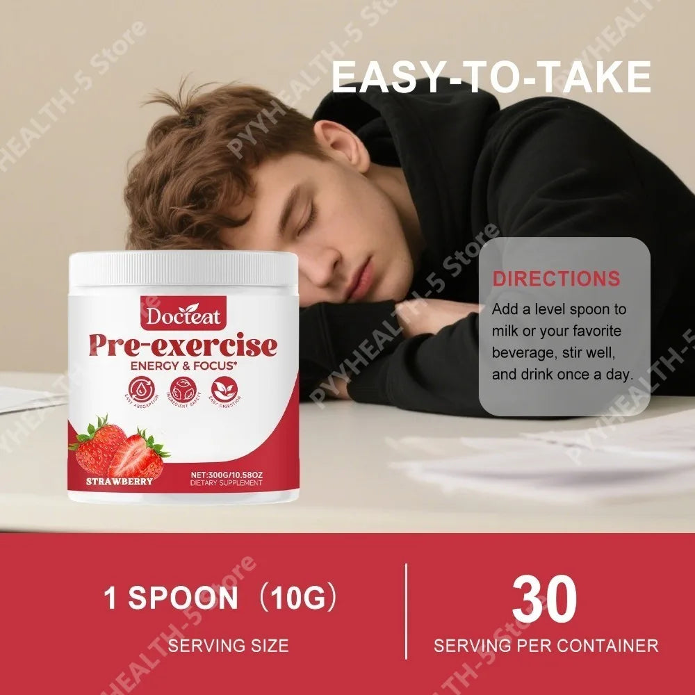 Docteat Pre-Workout Powder Strawberry 300g | 30 Servings Pre-Workout Supplement Qst