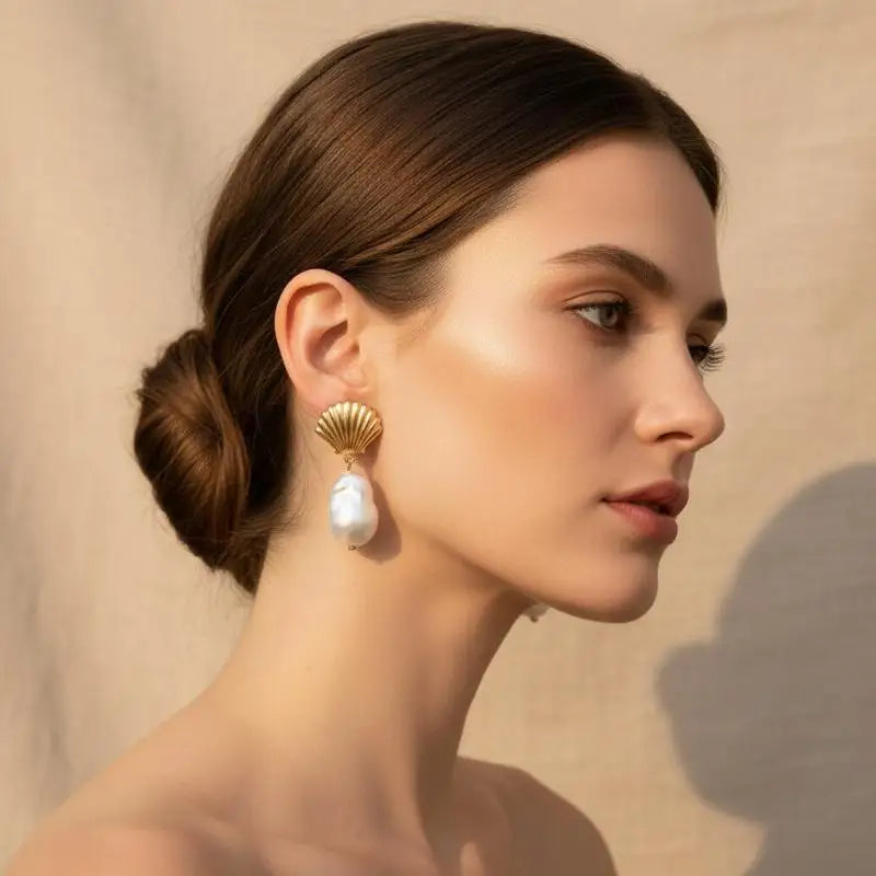 Bohemian Shell Pearl Gold Drop Earrings – Boho Beach Dangles Drop Earrings Qst