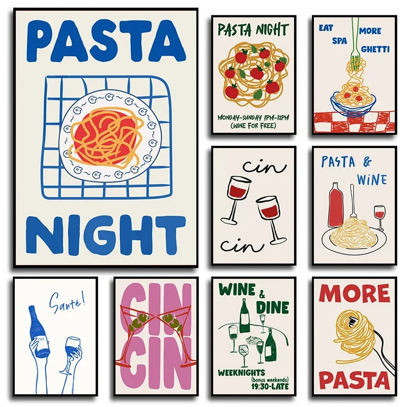Wine & Pasta Night Retro Canvas Poster – Bar Cart Wall Art Canvas Wall Poster Qst