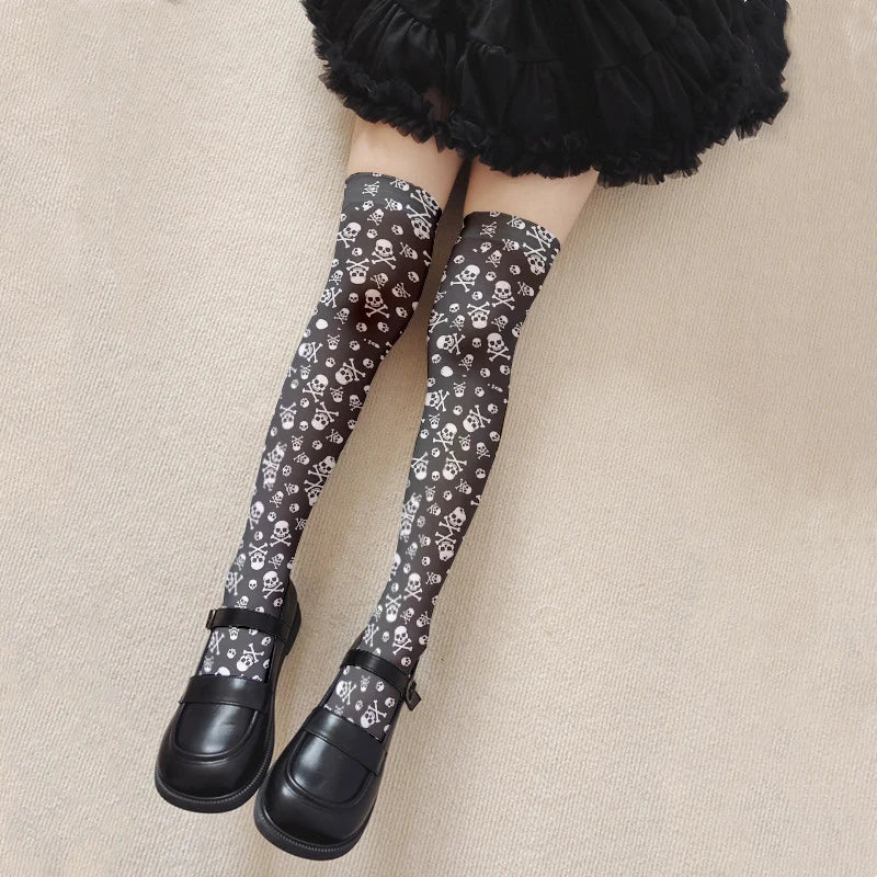 Skull Print Women's Long Stockings | Novelty Hosiery Novelty Print Stockings Qme style9 One Size