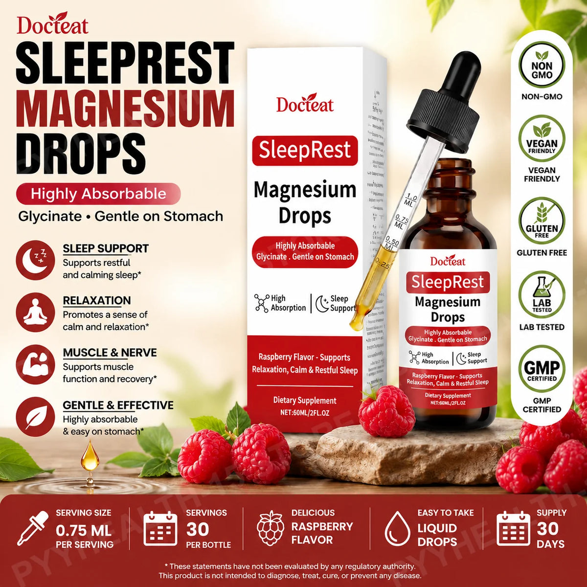 Magnesium Glycinate Liquid Drops with Vitamin C & Raspberry, 60mL Liquid Mineral Supplement Qst