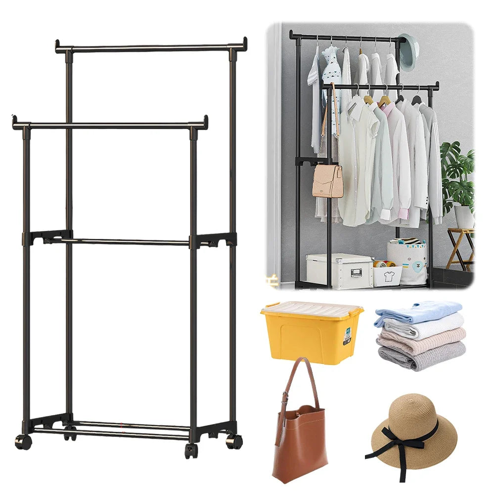 Double Rod Garment Rack with Wheels – Portable Clothes Organizer Rolling Garment Rack Qme