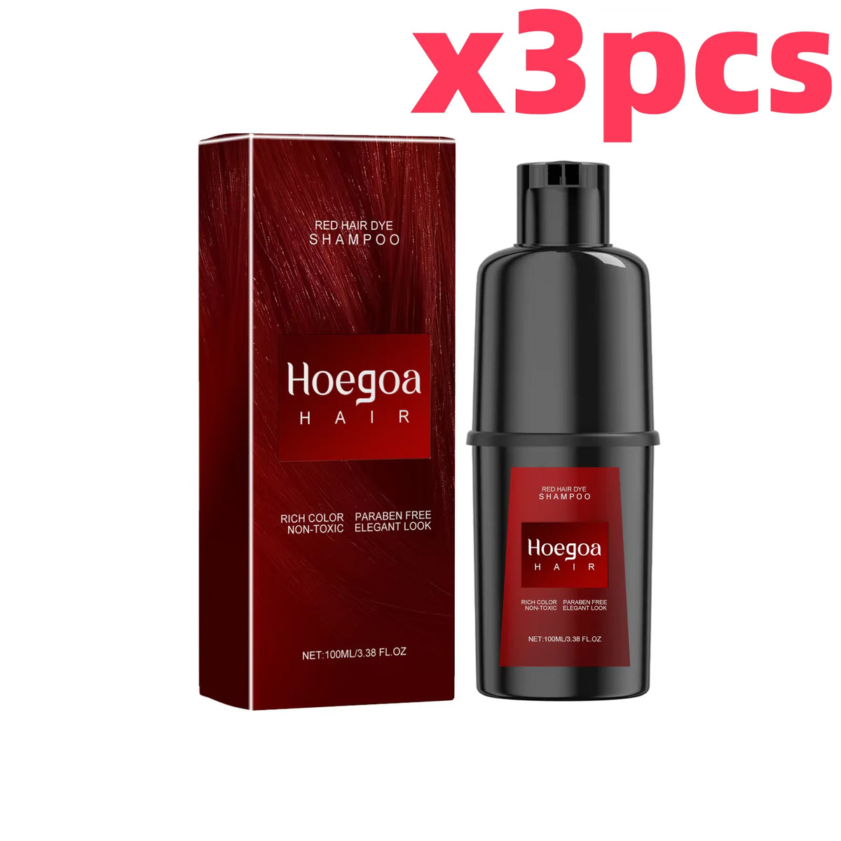 HOEGOA Herbal Hair Dye Shampoo – Black Brown Red Purple Hair Dye Shampoo Qst Red x 3pcs