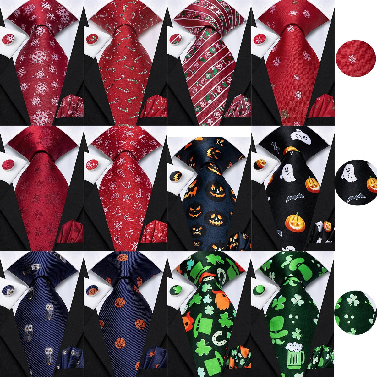 Hi-Tie Men's Christmas Tie, Handkerchief & Cufflinks Set Men's Tie Gift Set Qme