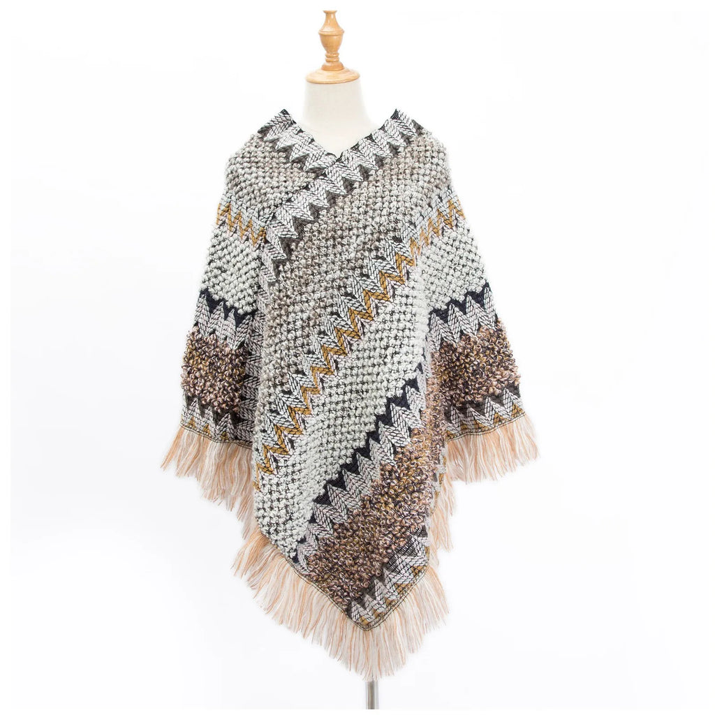 Women's Ethnic Knitted Tassel Poncho Cape Shawl Wrap Knitted Poncho Shawl Qme