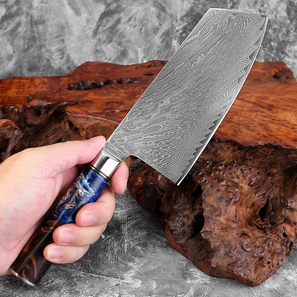 XITUO 7" Damascus Steel Japanese Cleaver Knife | Sharp Butcher Damascus Cleaver Knife Qst
