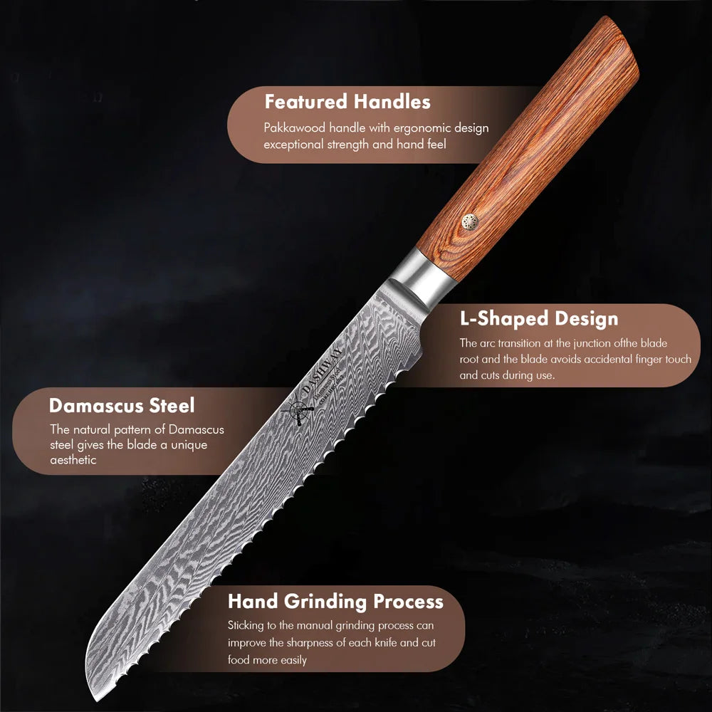 DASHWAY 7.5" Damascus Serrated Bread Knife – Pakkawood Handle Damascus Bread Knife Qst