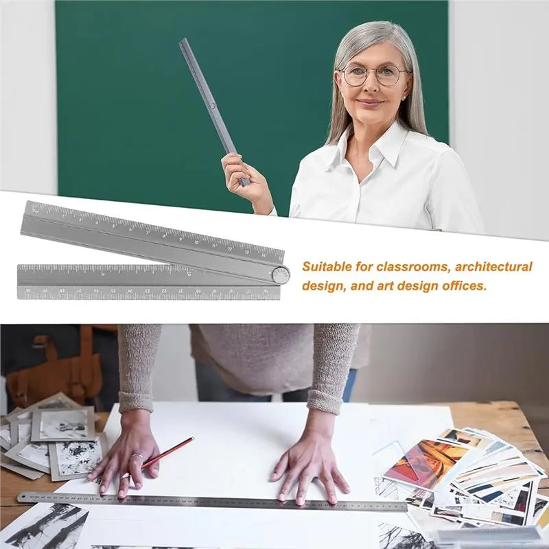 Aluminum Alloy Folding Ruler 30cm Metric Protractor Set 2pcs Folding Ruler Set Qme
