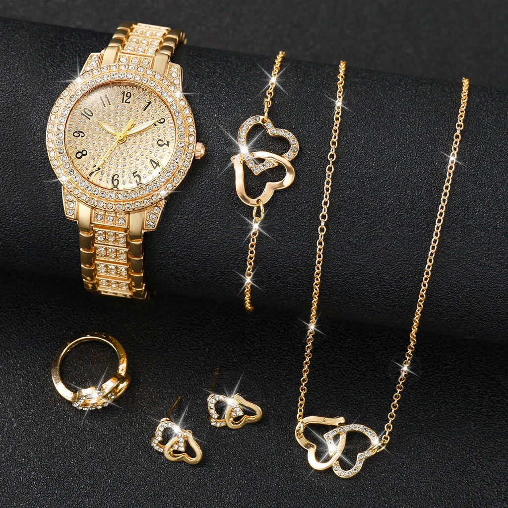 Full Diamond Roman Numeral Steel Watch – Starry Sky Dial Fashion Wristwatch Qme 6PCS Set Without Box