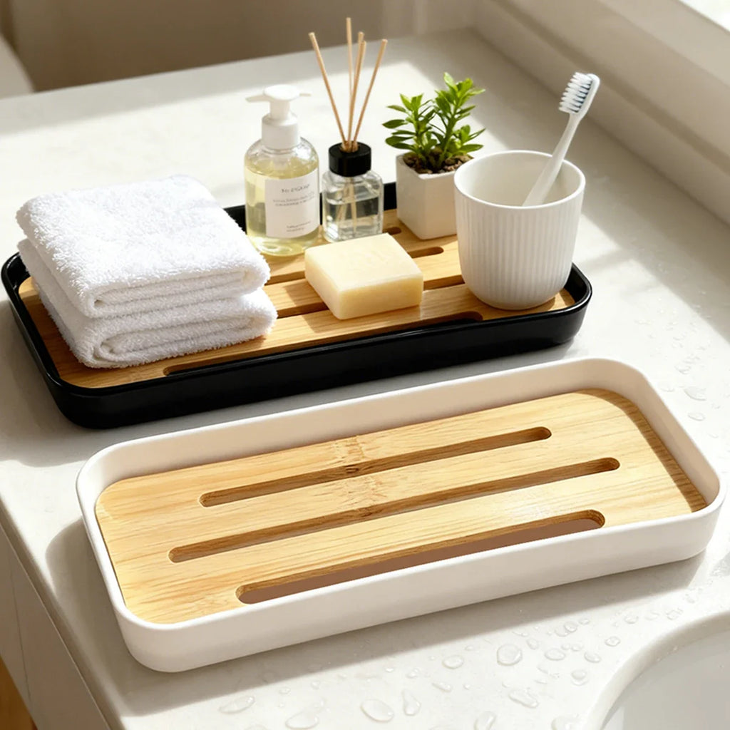 Bamboo Soap Dish & Bottles Holder Tray | Countertop Organizer Bathroom Organizer Tray Qme