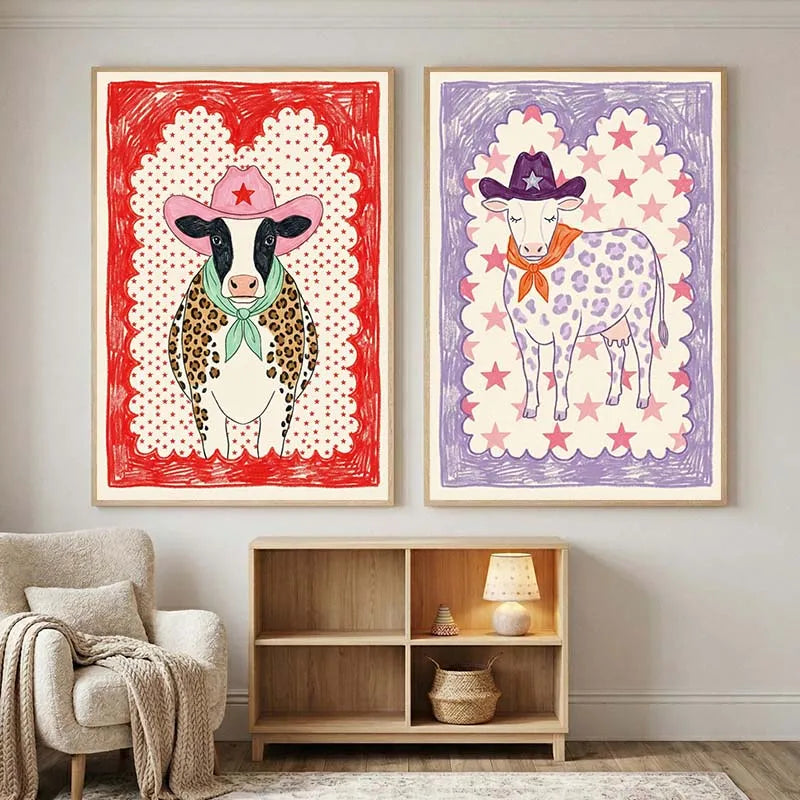 Pink Cowgirl Cow Nursery Canvas Wall Art – Farm Animal Print Nursery Canvas Print Qst