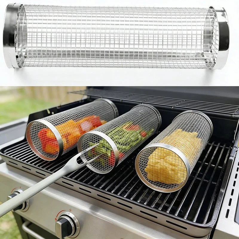 Stainless Steel Cylinder Rolling Grilling Basket | Portable BBQ BBQ Grilling Basket Qme